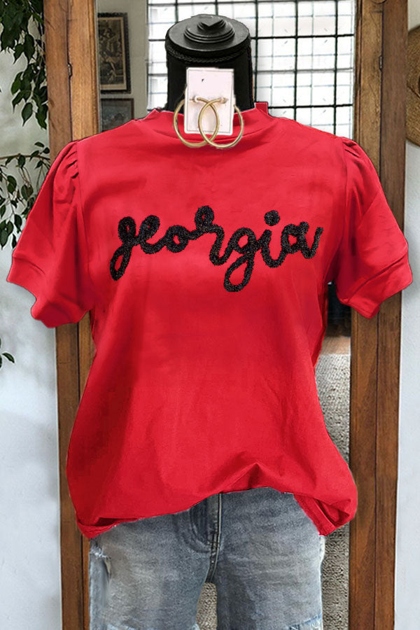 Casual Georgia Thread Embroidered Puff Sleeve Top