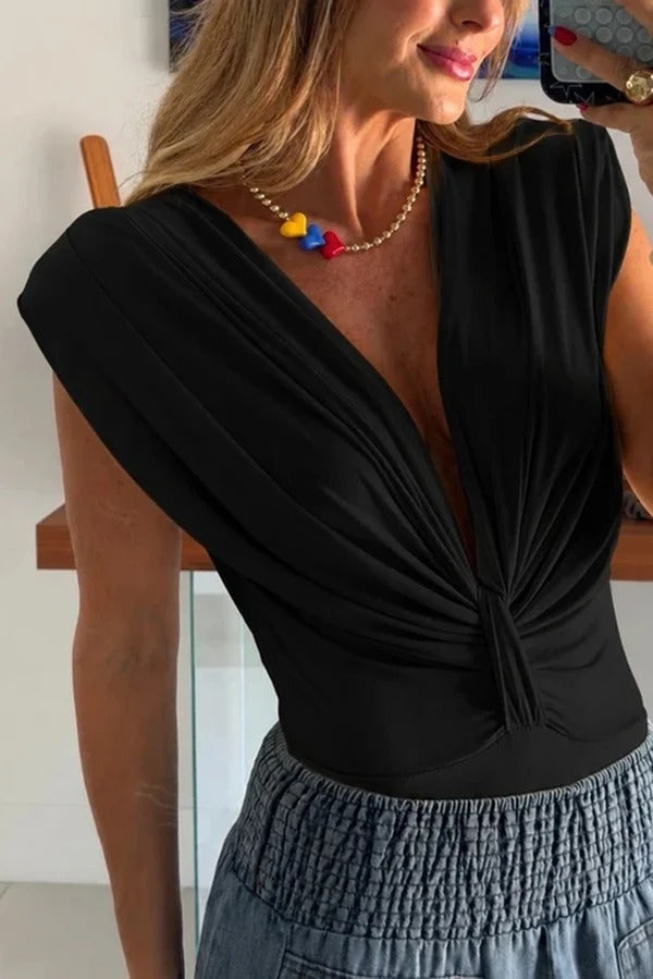 Ellie Stretch Fabric Deep V-neck Ruched Detail Short Sleeve Bodysuit