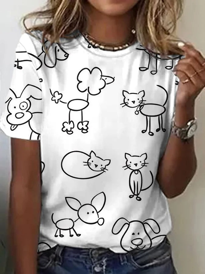 Women's Cute Dog And Cat Print T-Shirt
