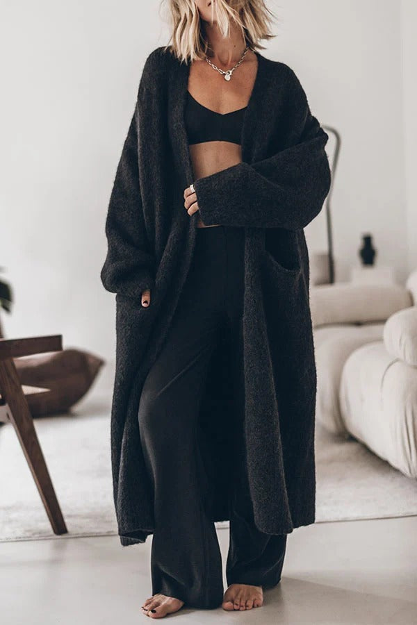 Comfortable Vib Knit Open Front Pocketed Oversized Midi Cardigan