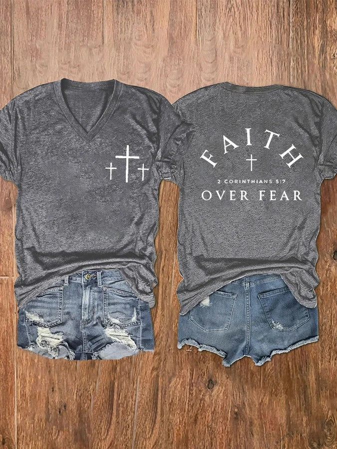 Women's Faith Over Fear Cross Print V-Neck T-Shirt