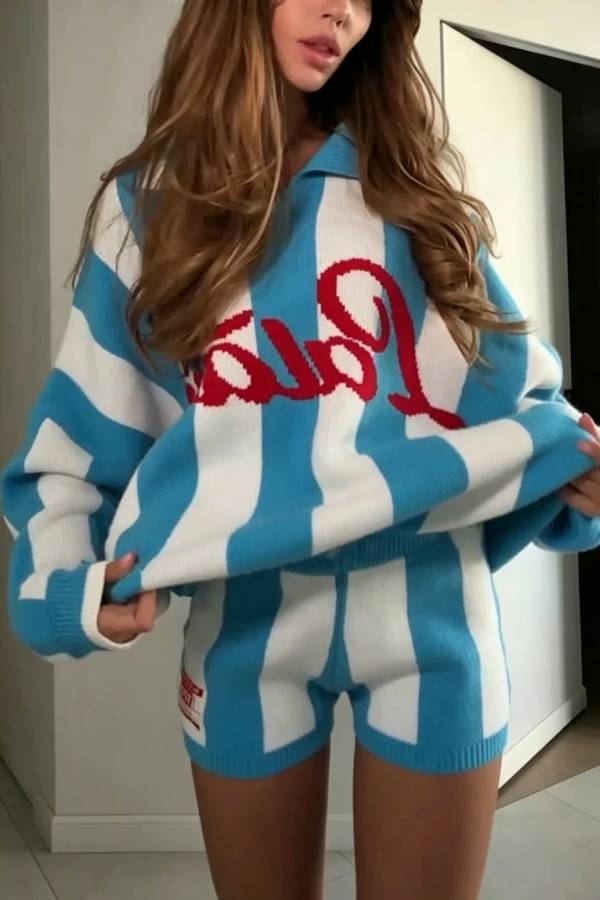 Stripe Letter Embroidered Knit Two‑Piece Set