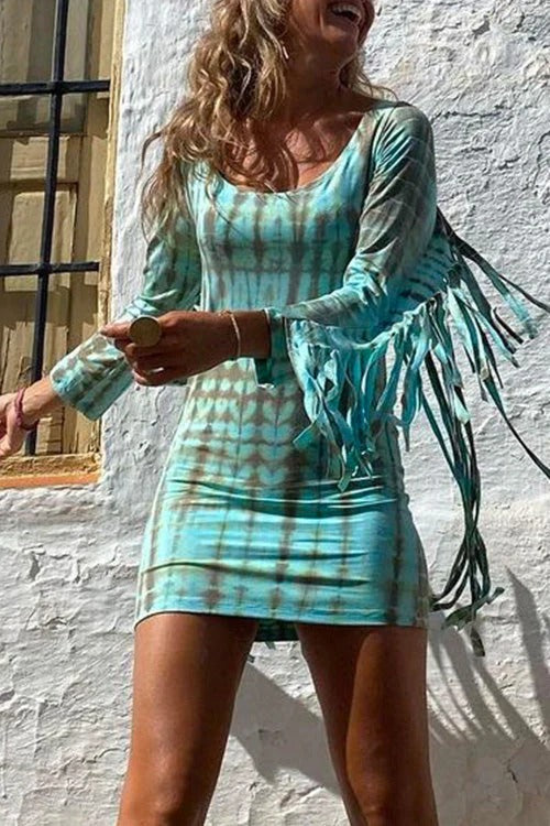 Tassel Long Sleeve Tie Dye Bodycon Dress