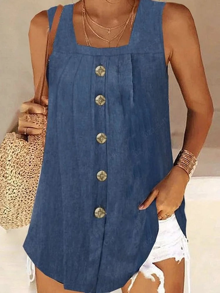 UR Casual Plain Loose Square Neck Sleeveless Denim Tank Top