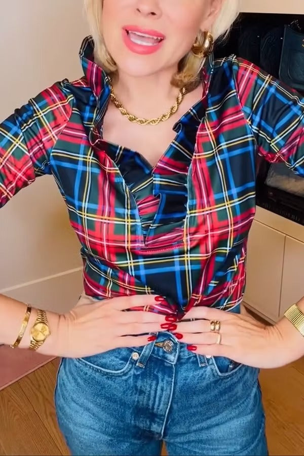 Duke of York Holiday Plaid Ruffle Stand Neck Half Sleeve Blouse