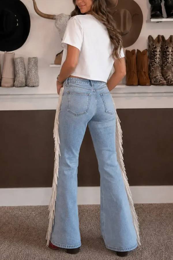 Western Cowgirl Denim High Rise Side Tassels Trim Pocket Flare Jeans