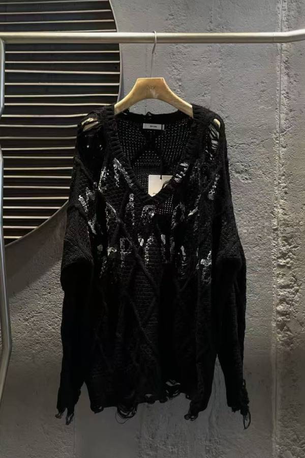 Distressed Ripped Letter V‑Neck Argyle Sweater