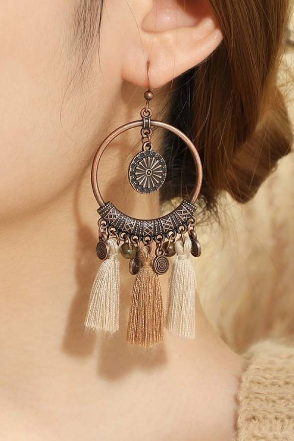 Vintage Distressed Bohemian Tassel Necklace Earrings Set
