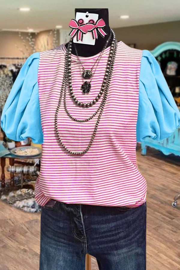 Color Block Striped Puff Sleeve Top