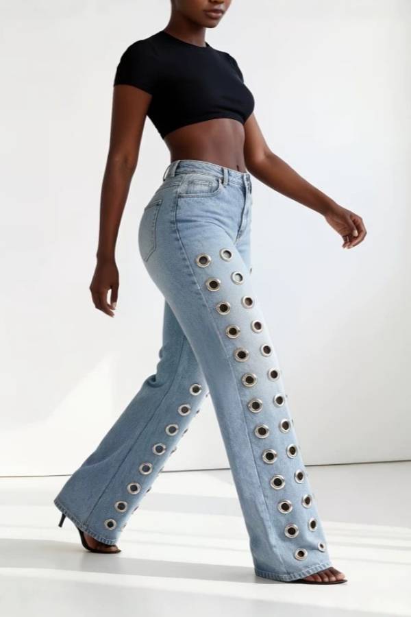 High‑Rise Metal Eyelet Decor Flare Jeans