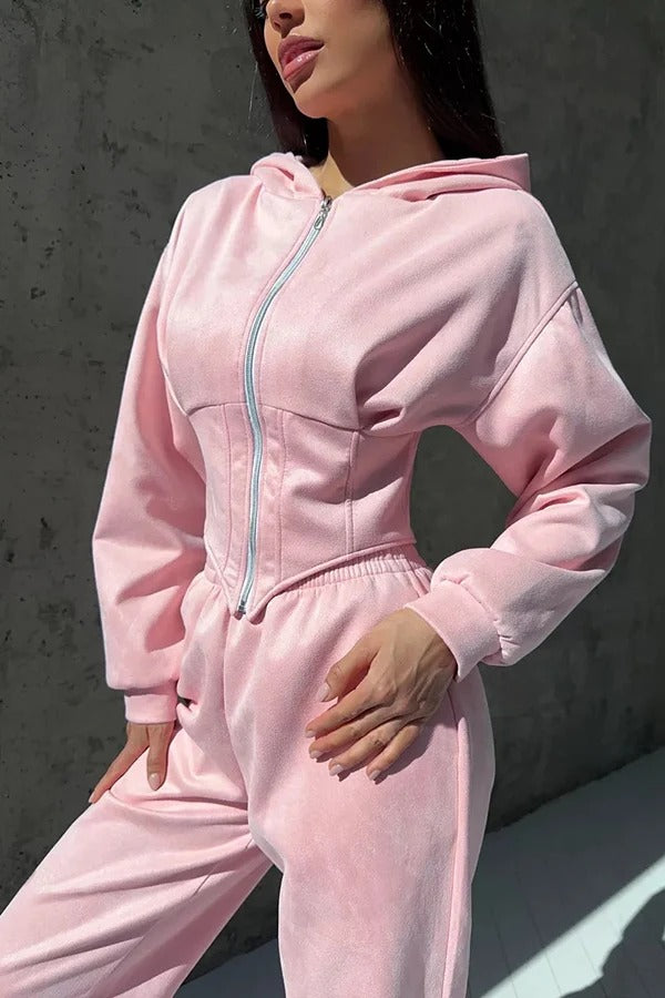 Solid Color Waist Corset Hooded Sweatshirt Jacket and Elastic Waist Athletic Jogger Pants Set