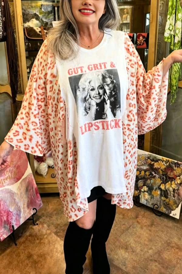 Portrait Print Pink Leopard Spliced Loose T‑Shirt