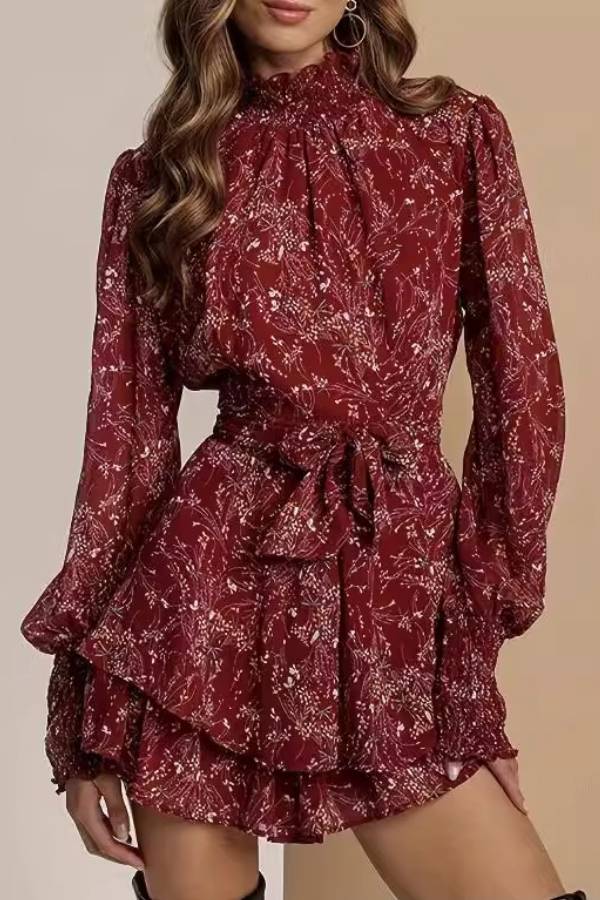 Ruffle Mock Neck Chiffon Floral Long Sleeve Romper