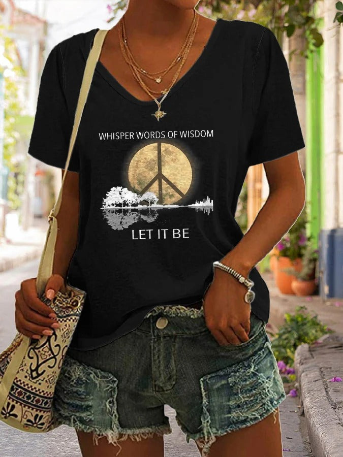 V-Neck Hippie Guitar Lake Whisper Words Of Wisdom Let It Be Print T-Shirt
