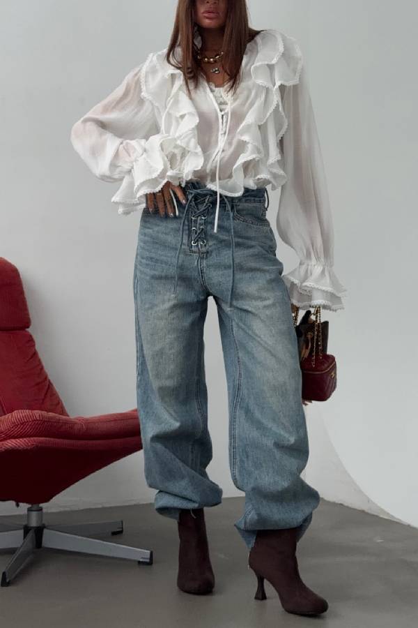 Vintage Ruffle Tie‑Front Cropped Chiffon Blouse