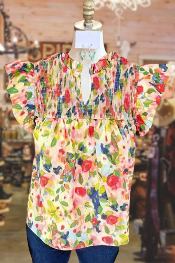 Colorful Floral Print Smocked Bodice Top