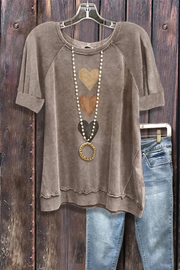 Colorful Heart Print Short Sleeve Top