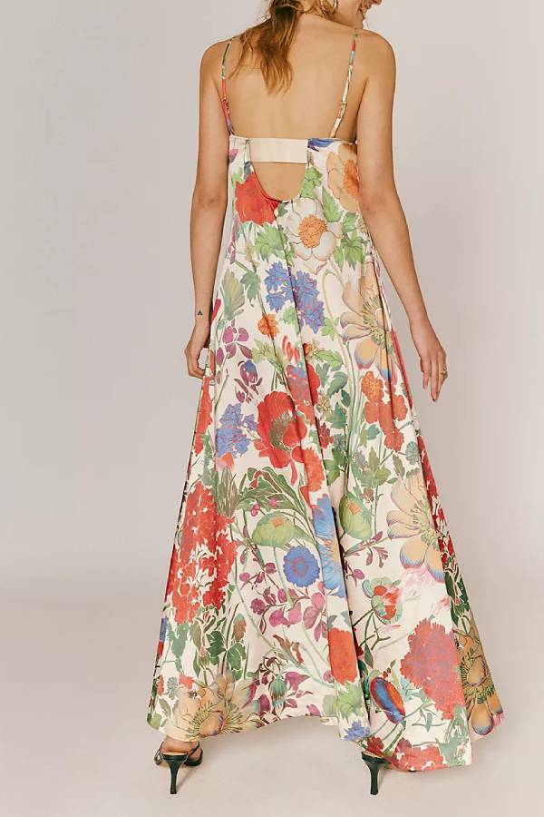 Vintage Oil‑Painting Floral Spaghetti Strap Maxi Dress