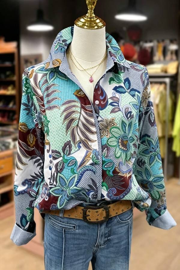 Multi Floral Print Collared Long Sleeve Blouse