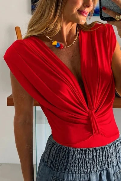 Ellie Stretch Fabric Deep V-neck Ruched Detail Short Sleeve Bodysuit