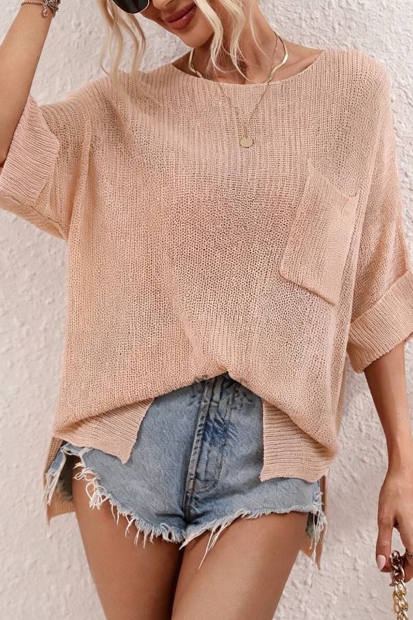 Loose Open Knit Top Crew Neck Pocket 3/4 Roll Sleeve Split Hem Sheer Cover Up