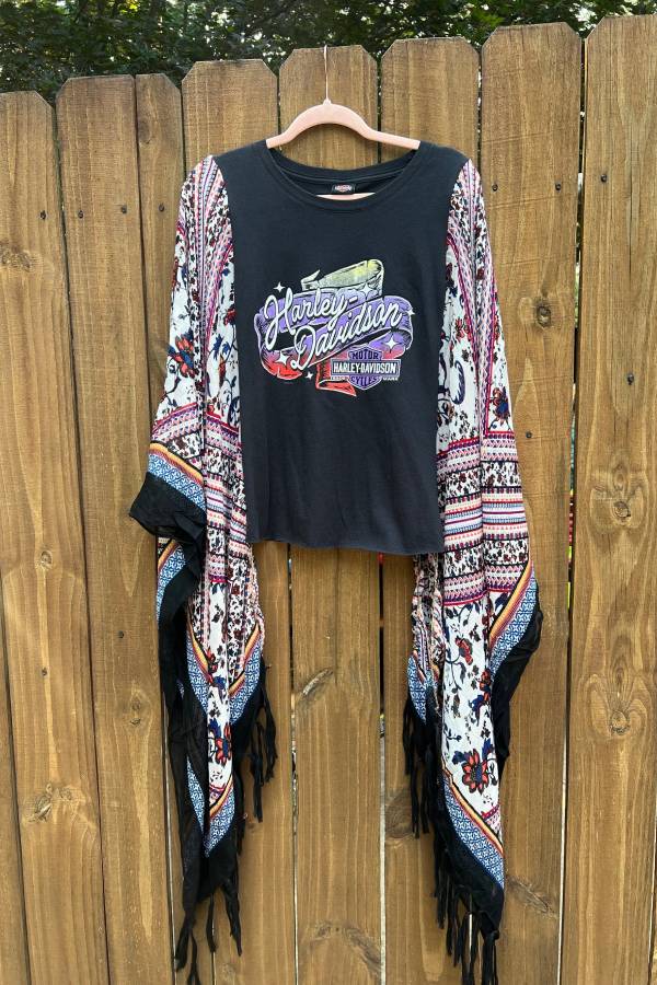 Harley Davidson Tassel Fringe Boho Patchwork Batwing Sleeve Crop Tee