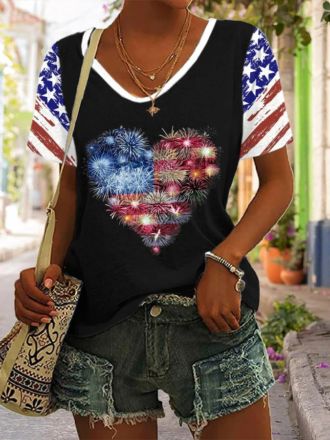 Women'S V-Neck Independence Day Vintage Flag Firework Print Casual T-Shirt