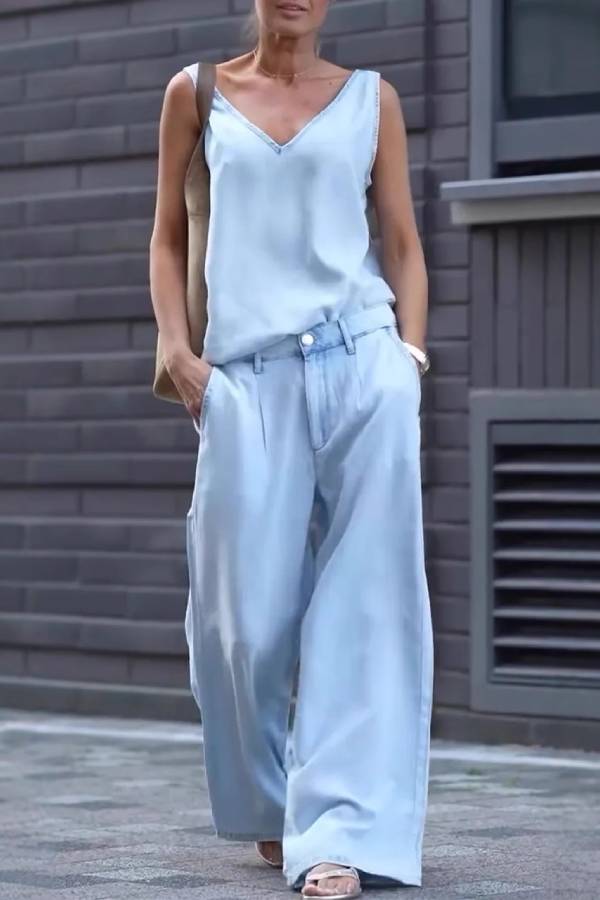 Tencel Denim V‑Neck Sleeveless Top & Wide Leg Pants Two‑Piece Set