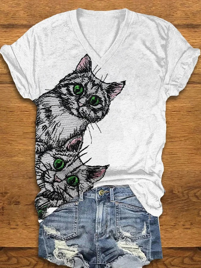 Women's Cat Print V-Neck T-Shirt
