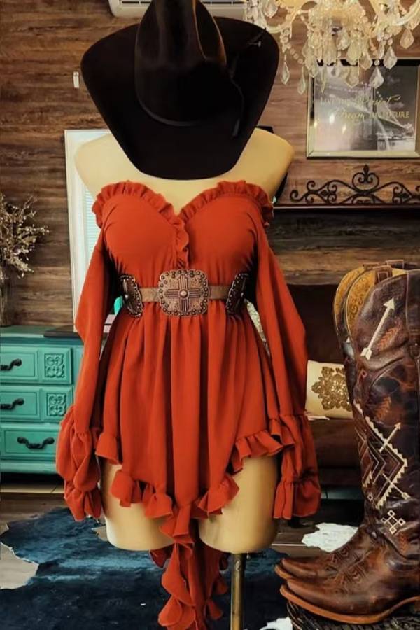 Rust Western Style Off-the-Shoulder Ruffle Corset Mini Dress