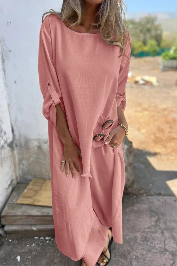 Jamilah Linen Blend Ring Detail Midi Blouse and Elastic Waist Pocketed Loose Pants Set