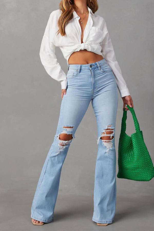 High Waist Ripped Flare Jeans Light Wash Stretch Destroyed Bell Bottom Denim Pants
