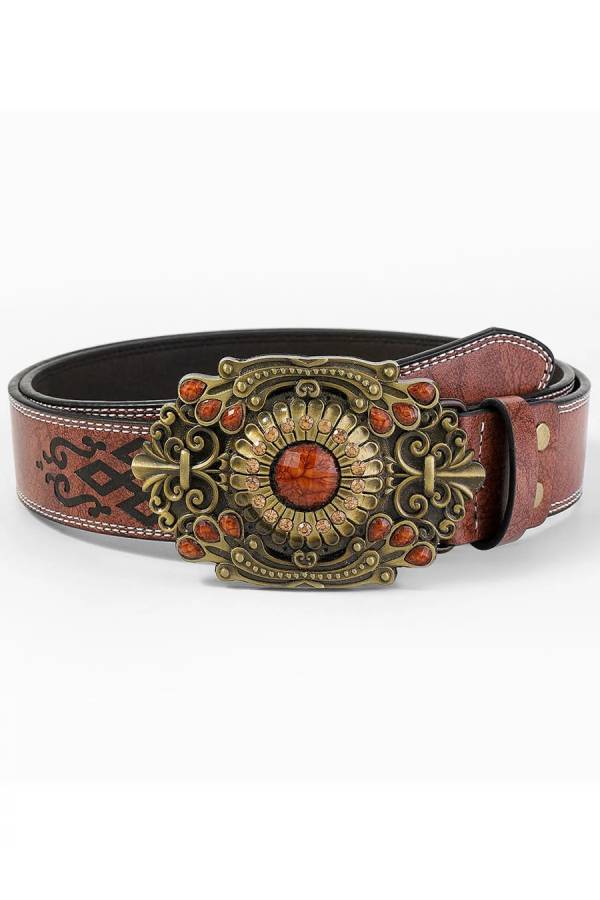 Casual Vintage Gem Flower Decorated PU Leather Belt