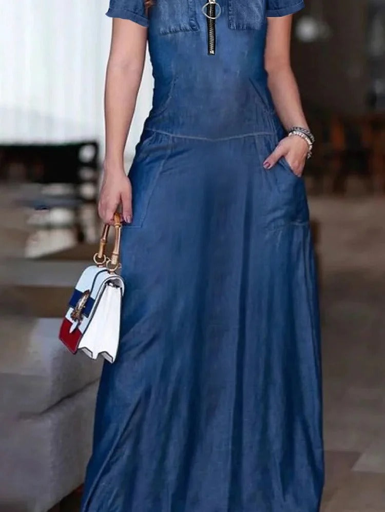 UR Fashion Plain Half Zipper Short Sleeve Denim Maxi Dress