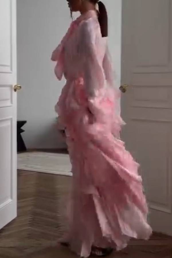Pink Stand Collar Tie Ruffled Chiffon Long Evening Dress