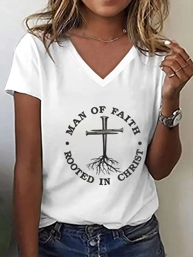 Women's Man of Faith Rooted in Christ Embroidered V Neck T-Shirt