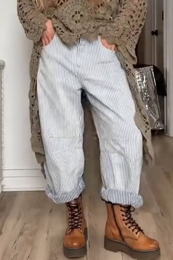 Striped High-Waisted Rolled-Hem Loose Straight-Leg Cropped Pants