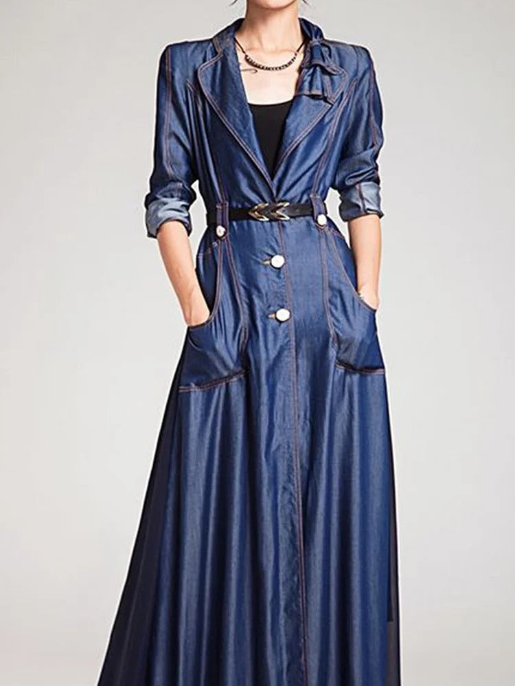 UR Fashion Solid Color Lapel Collar Spliced Long Sleeve Denim Maxi Dress