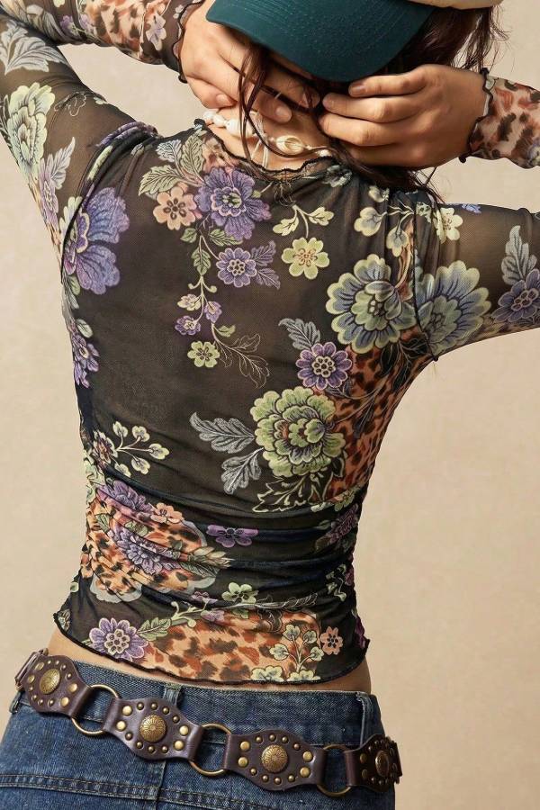 Vintage Floral Leopard Print Mock Neck Mesh Long Sleeve Top