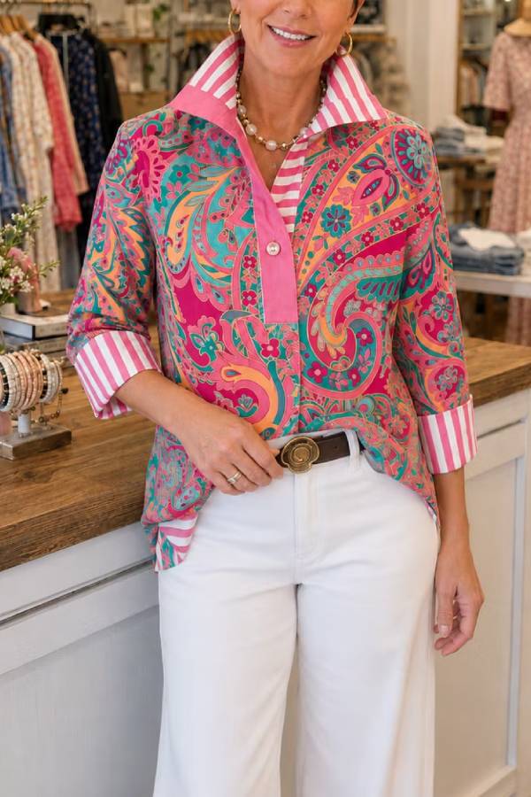 Striped Print Three-Quarter Sleeve Shirt