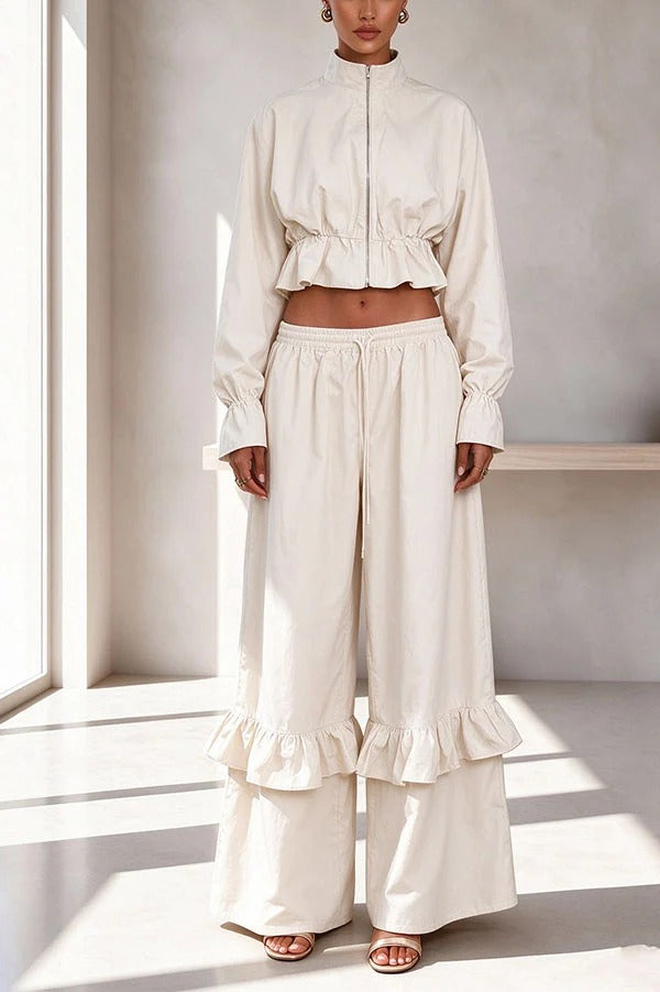 Sporty-style Zipper Flare Hem Jacket and Elastic Waist Ruffle Trim Loose Pants Set