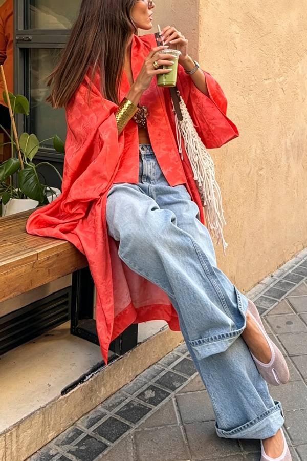 Garcella Satin Jacquard Printed Batwing Sleeve Loose Kimono Long Coat