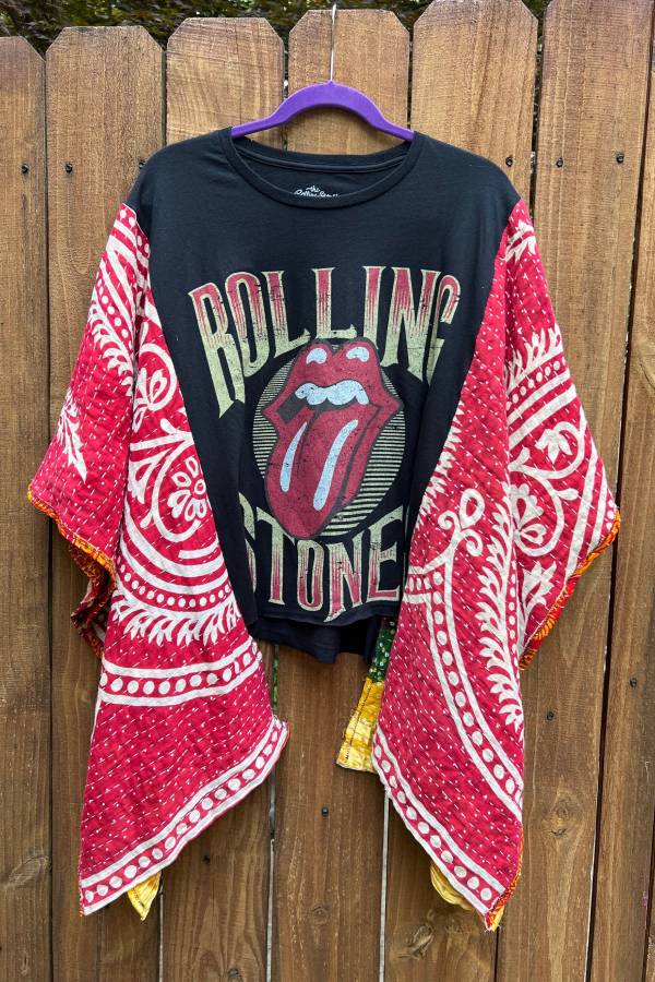 Rolling Stones Patchwork Kimono Sleeve Graphic Top