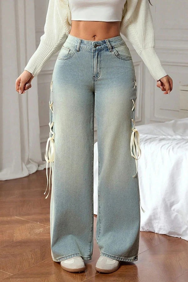 Fashionable Denim Mid Rise Side Ribbon Lace-up Pocket Wide Leg Jeans