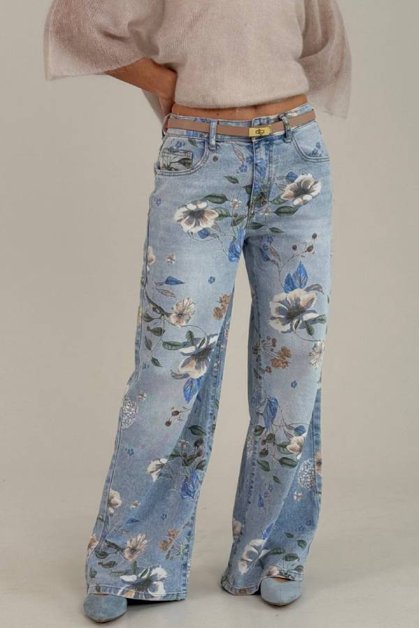Vintage Floral Print High‑Waist Wide‑Leg Jeans