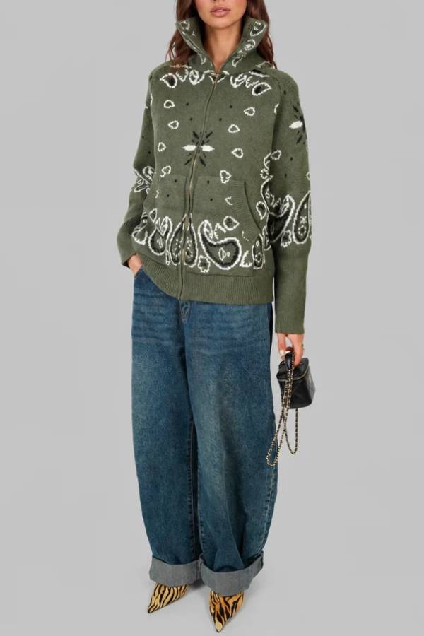 Paisley Bandana Print High Collar Zip Up Knit Cardigan