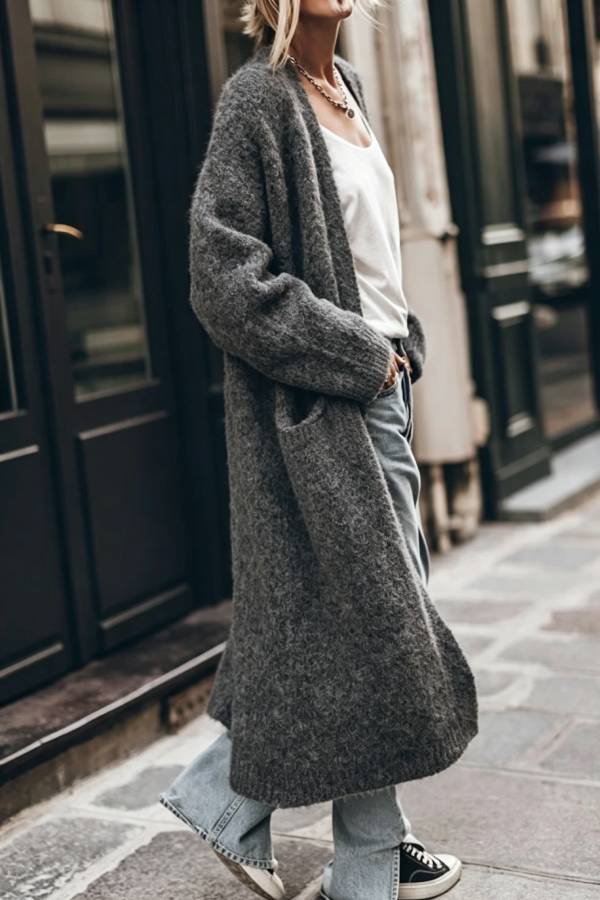 Comfortable Vib Knit Open Front Pocketed Oversized Midi Cardigan