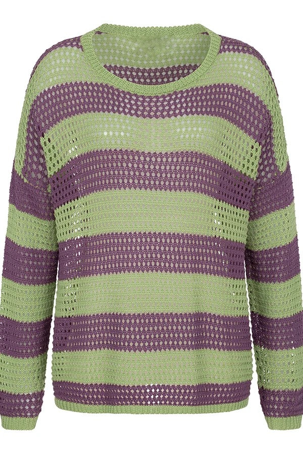 Stylish Knit Color-blocked Stripes Cutout Wide Neck Long Sleeve Relaxed Sweater
