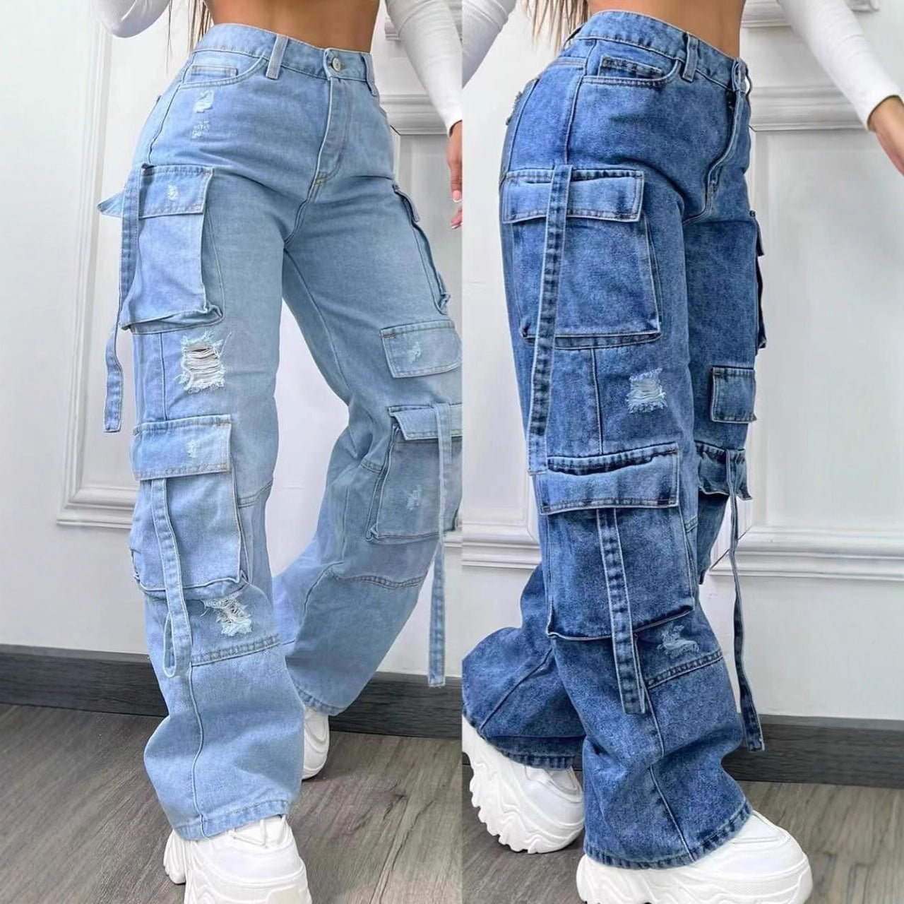 Ripped Multi‑Pocket Strap Cargo Wide‑Leg Jeans