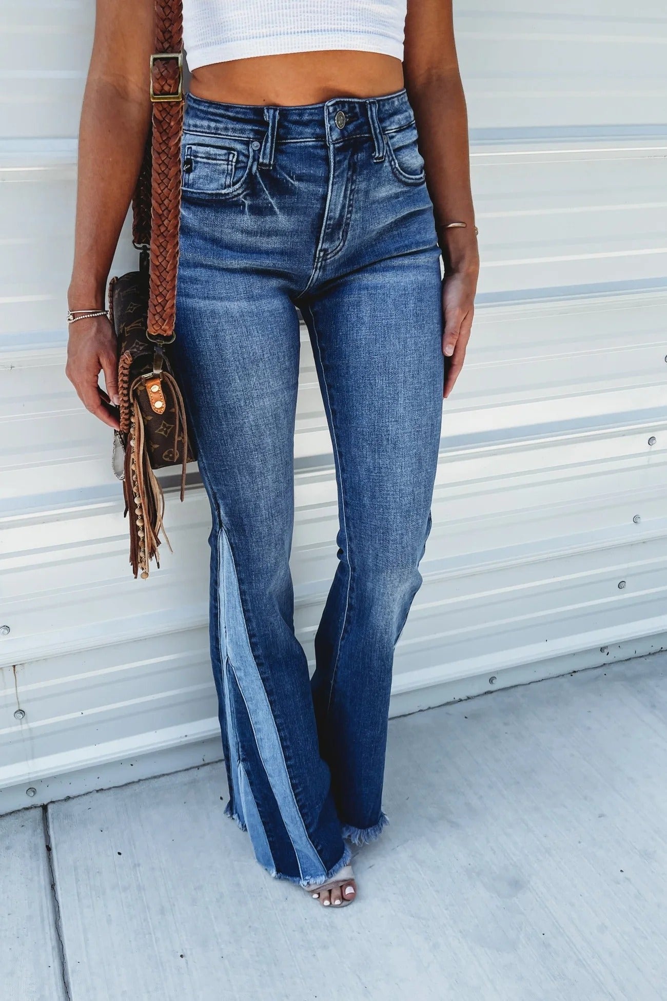 Color Block Fringe High Waist Flare Jeans
